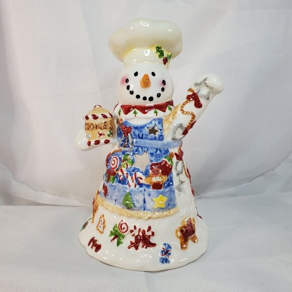 Vintage Ceramic Snowman Candle Holder With Holiday Motifs Chef Hat Ginger Bread - Picture 1 of 9